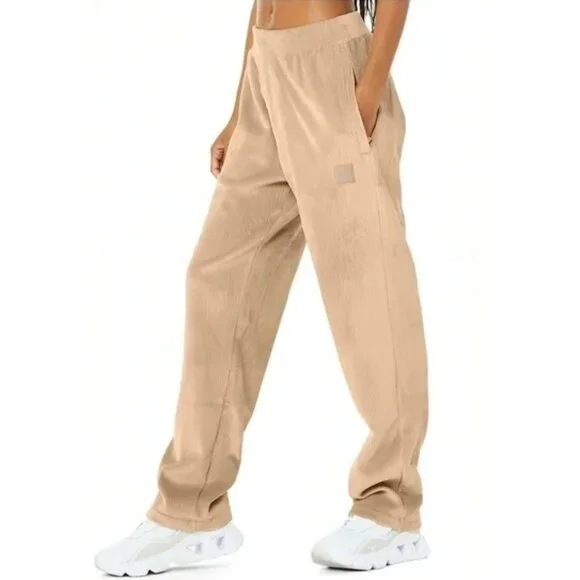 Alo Velour Baller Pant Sand Dune Corduroy Thick Soft Ribbed Plush Sweats Joggers - Picture 3 of 8